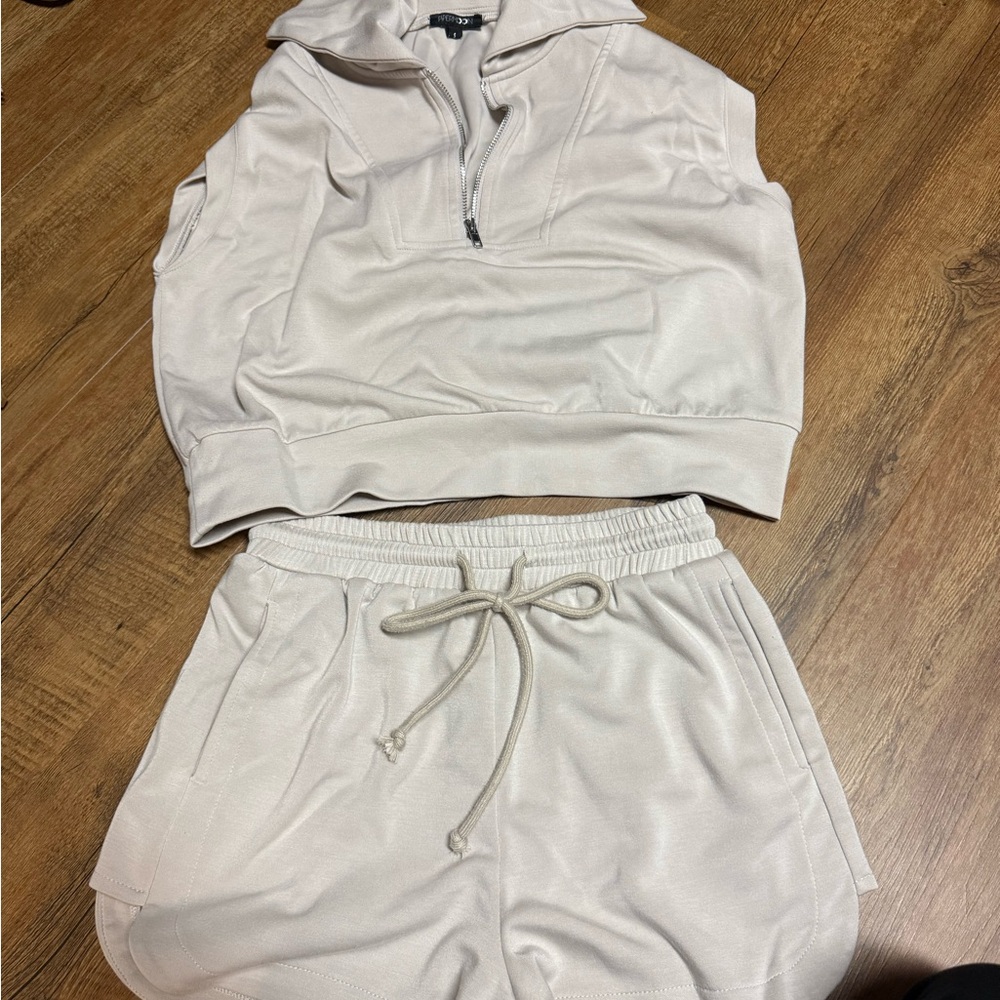 Cream Sleeveless Zip-Up Top and Shorts Set